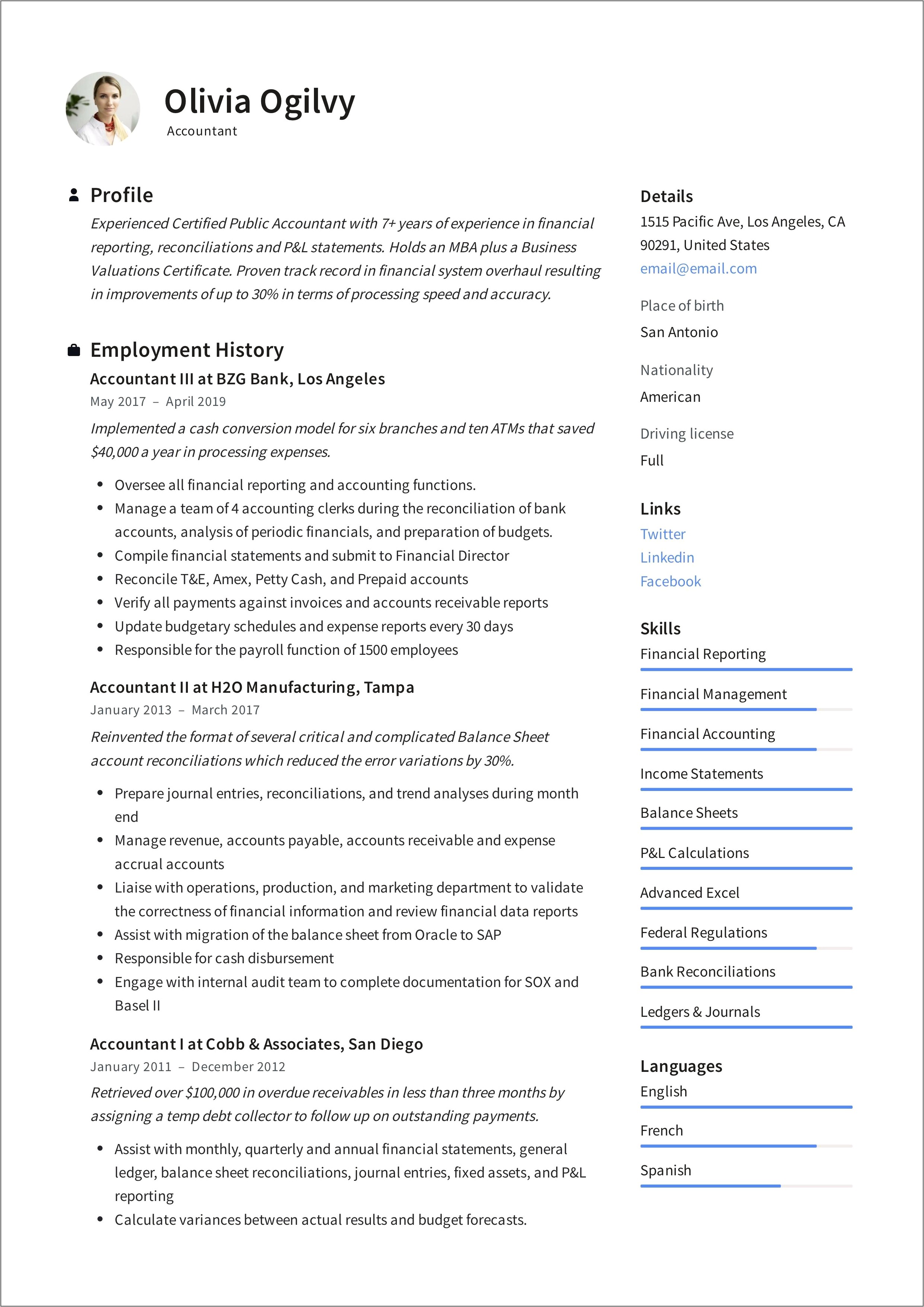 Sample Resume Template For Accounting