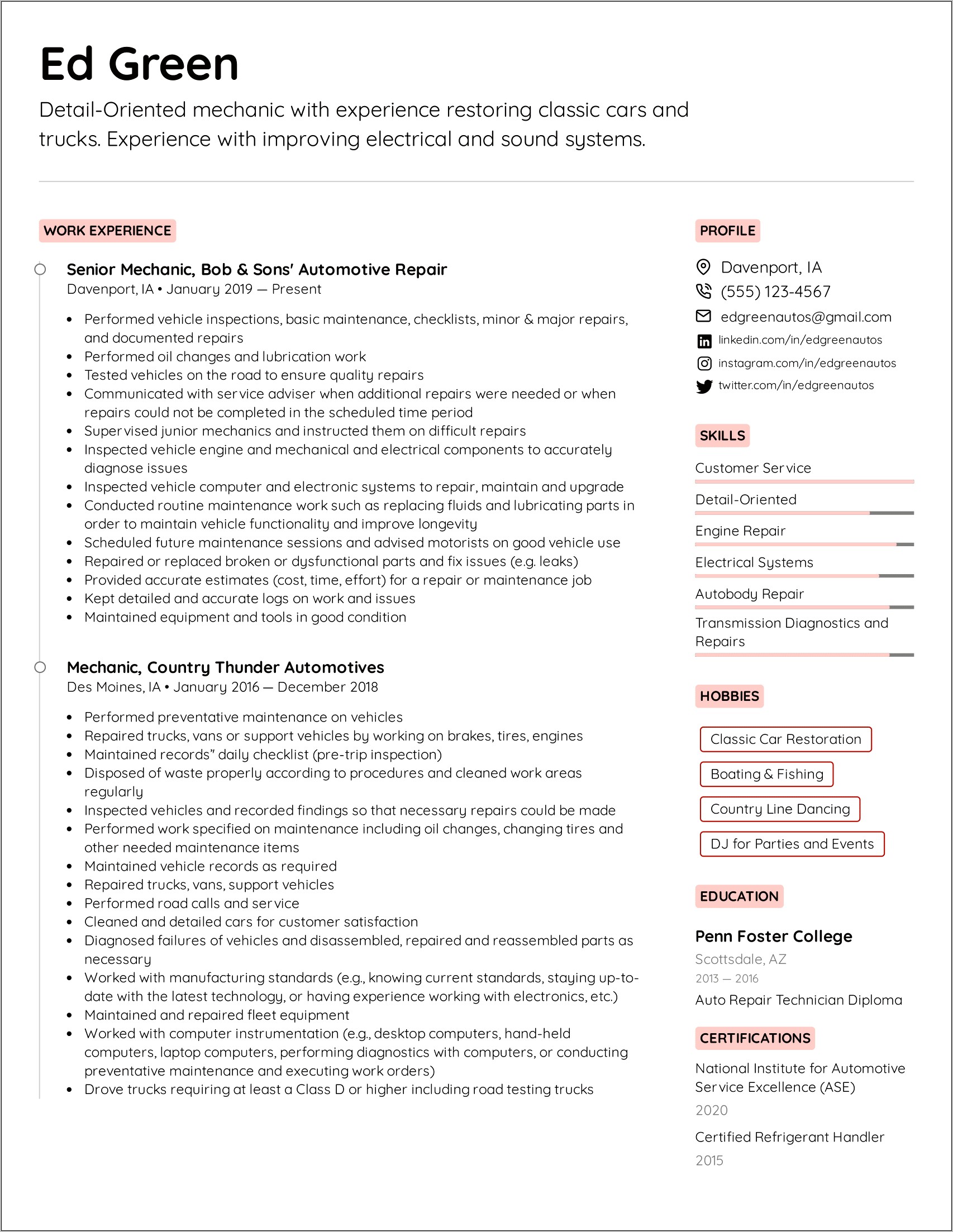 Sample Resume Template For Mechanic