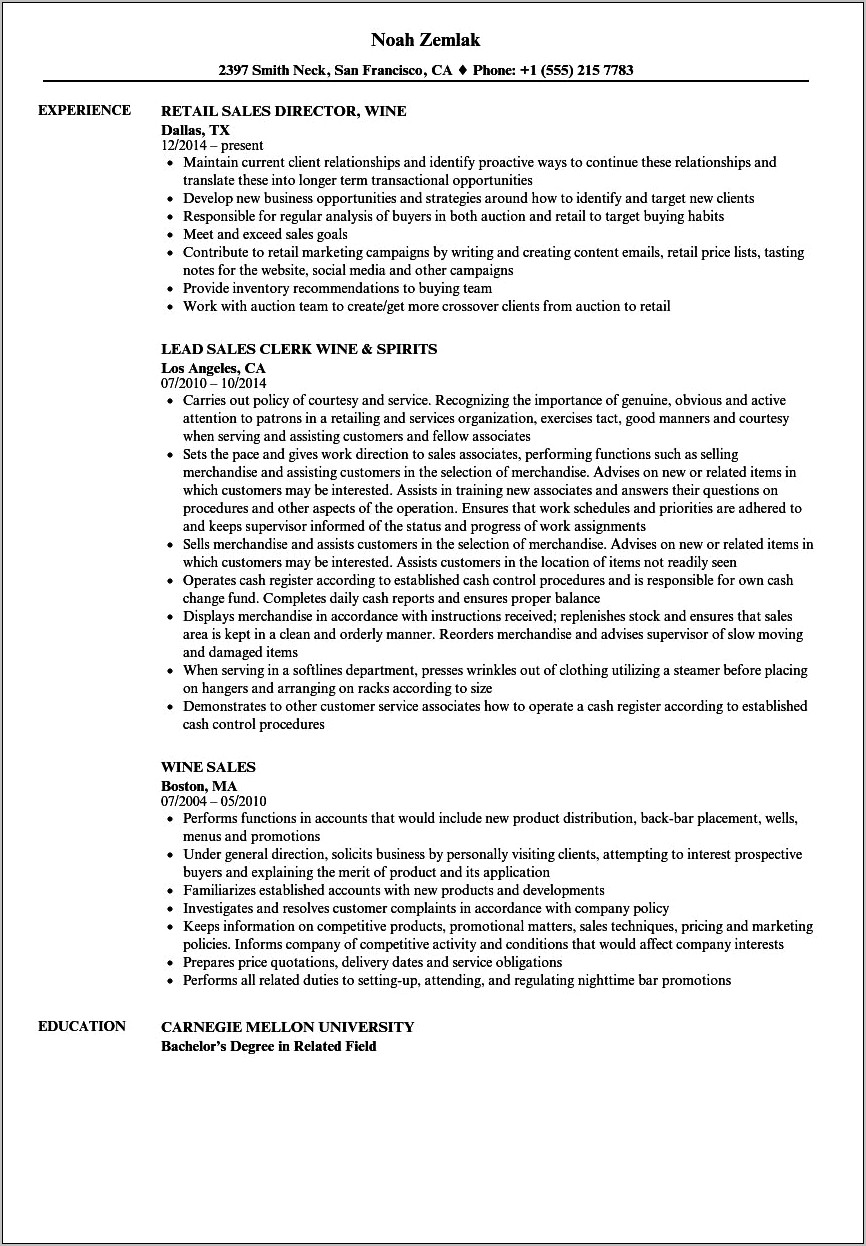 Sample Resume Wine Connoisseur Experience