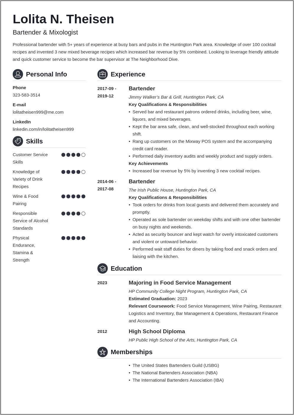 Sample Resume With Bartender Experience