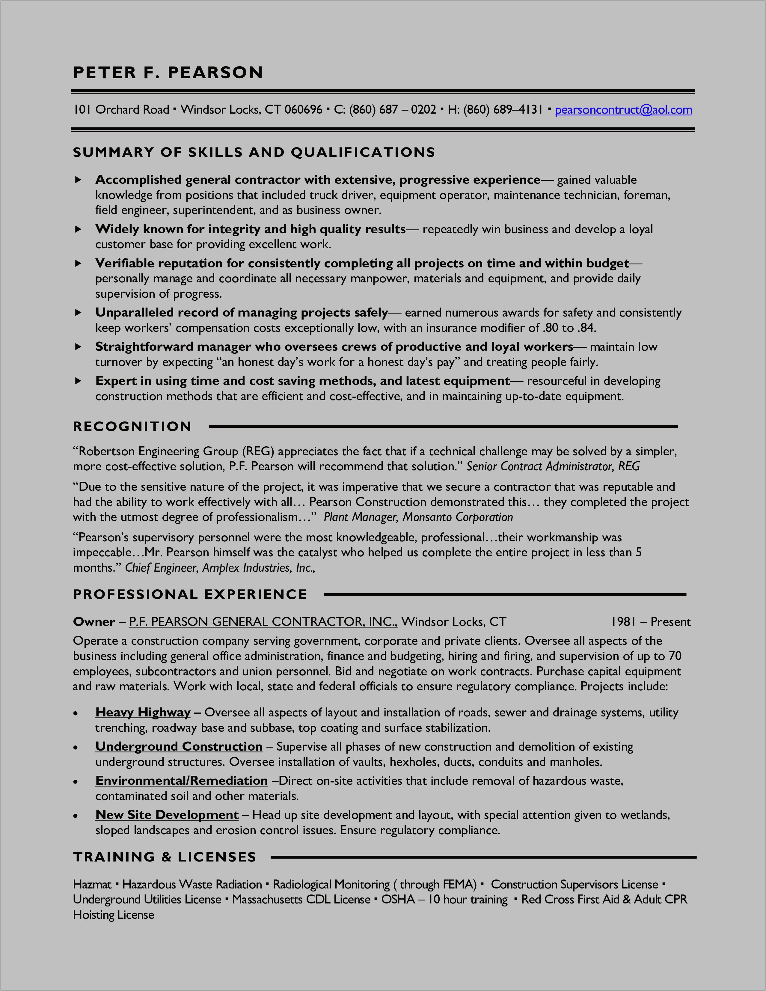 Sample Resume With Contract Work