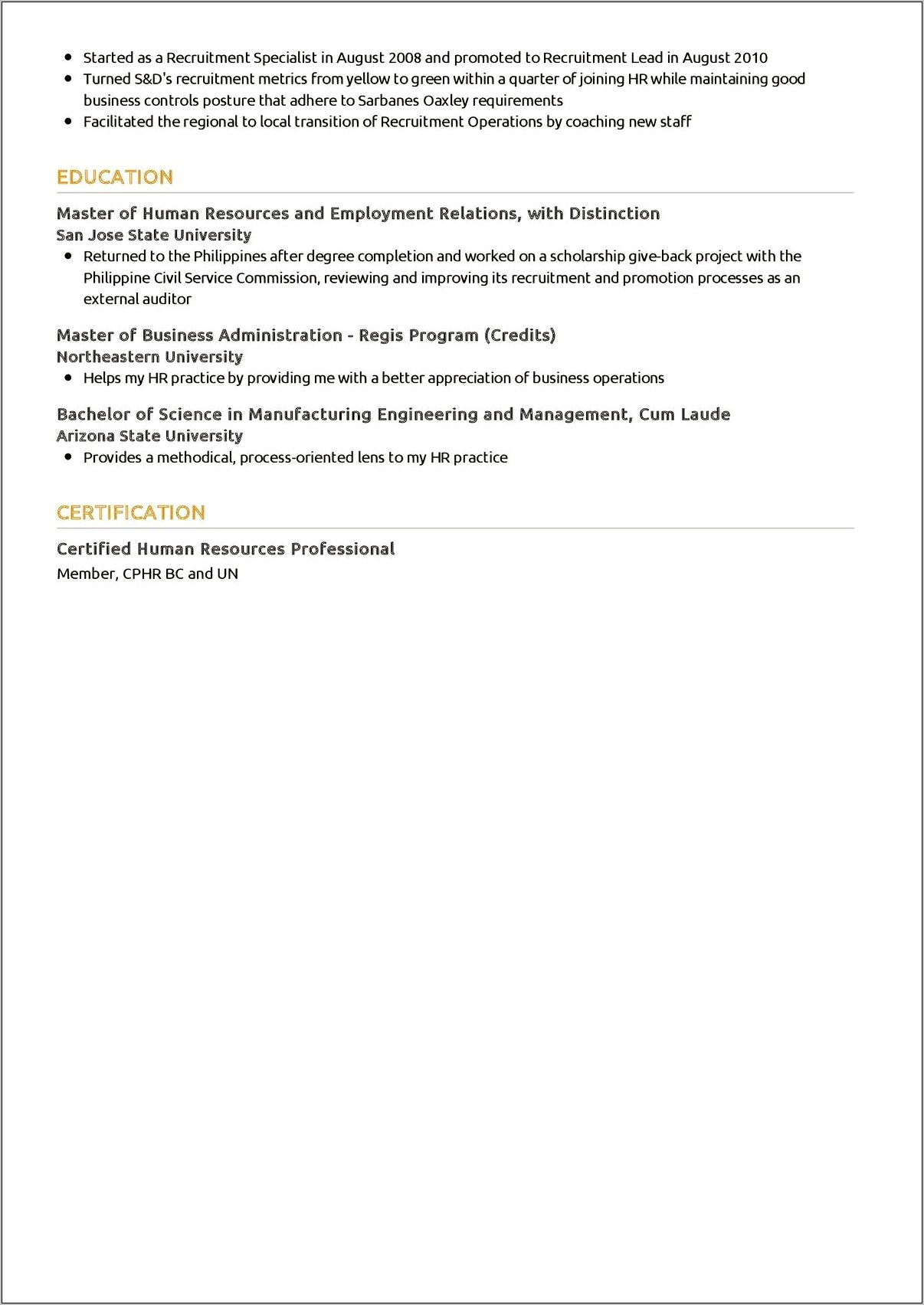Sample Resume With Phr Certification