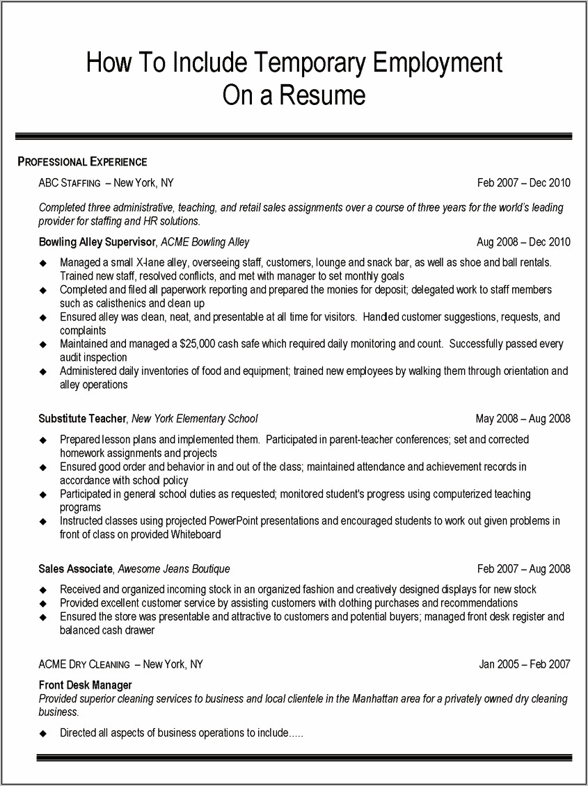 Sample Resume With Temp Work