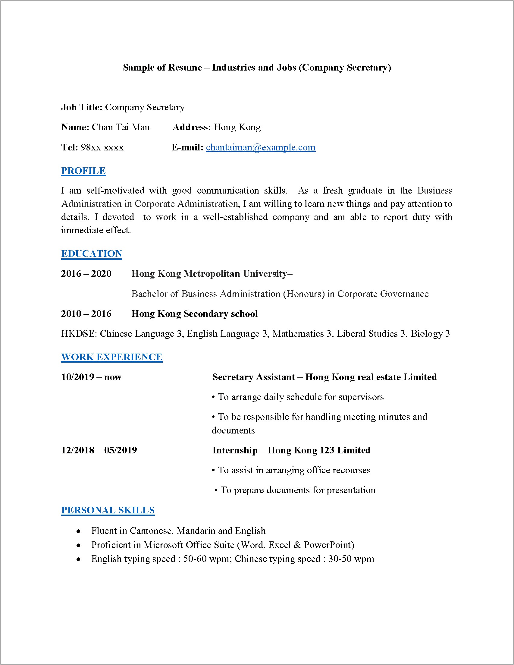 Sample Resume With Typing Skills