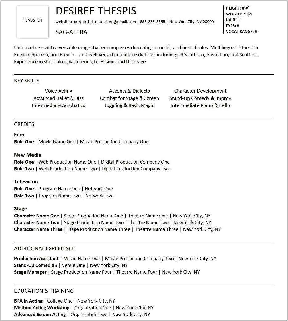 Sample Resumes For Beginning Actors