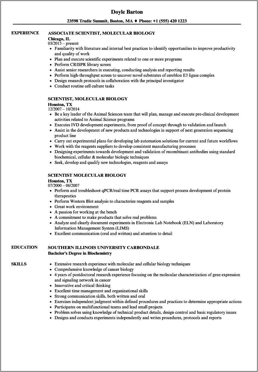 Sample Resumes For Biology Majors