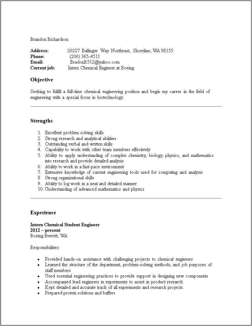 Sample Resumes For Engineering Internships