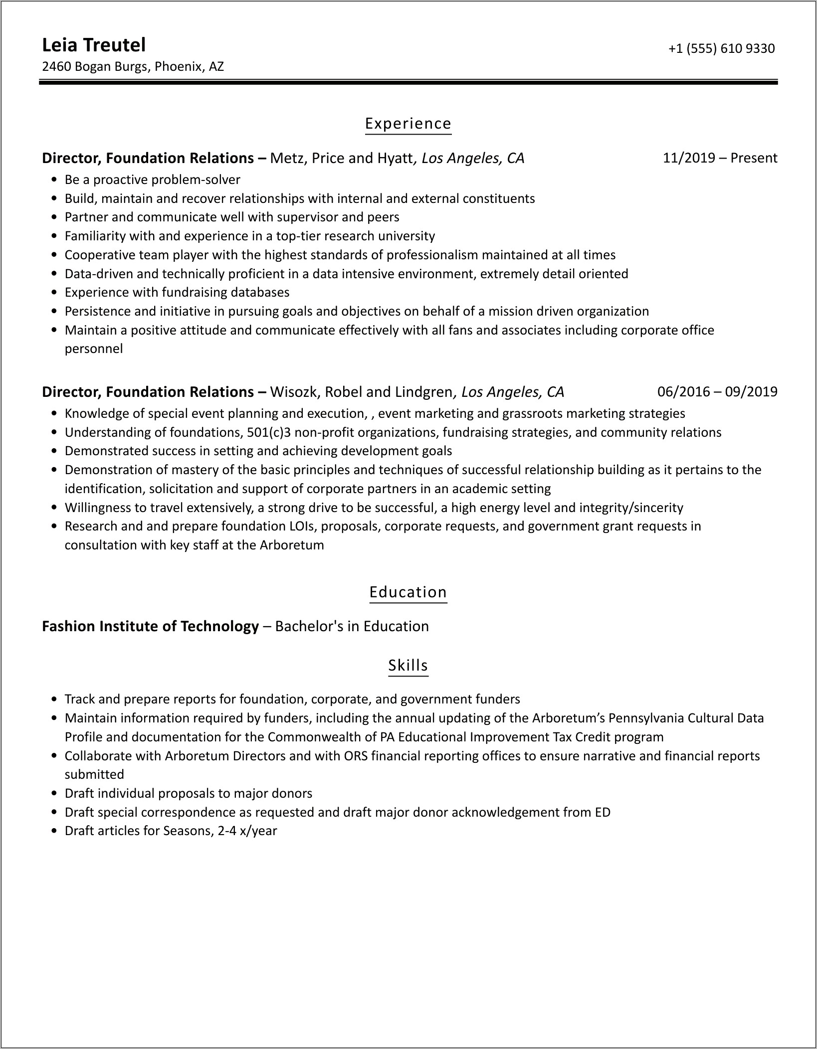 Sample Resumes For Foundation Directors