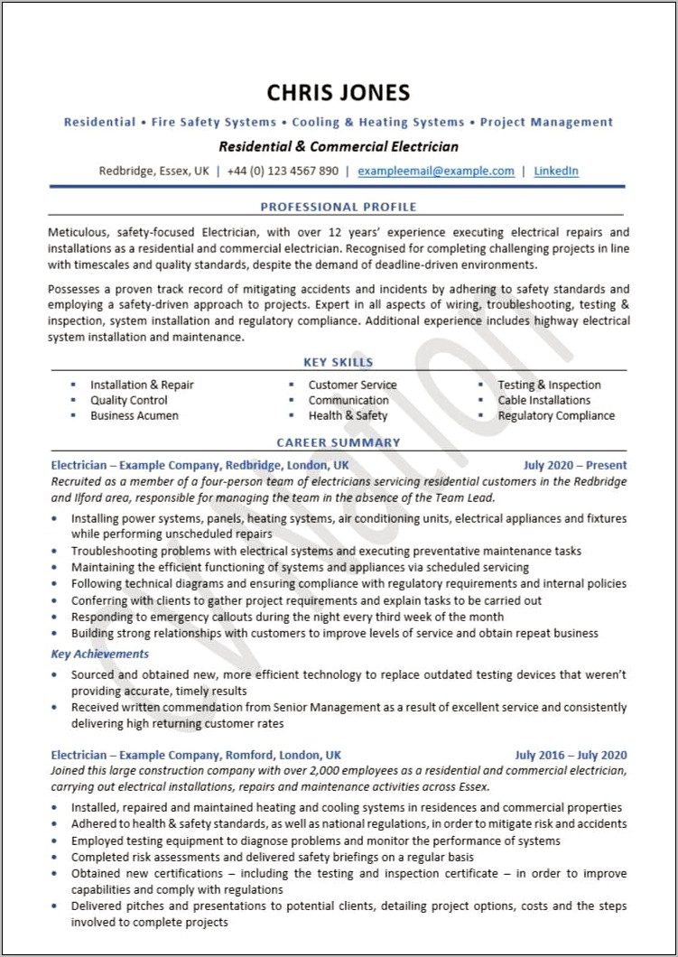 Sample Resumes For Journeyman Electricians