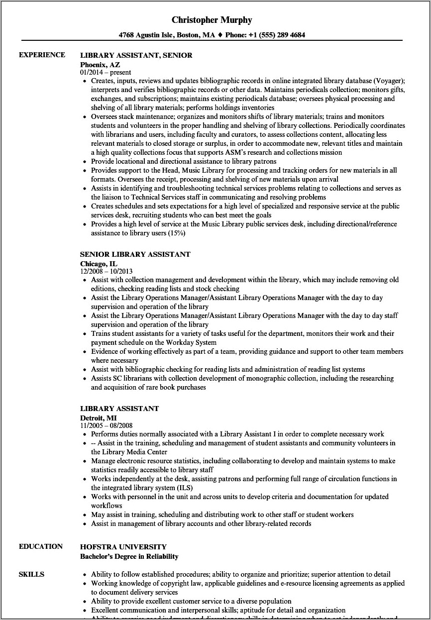 Sample Resumes For Library Assistant