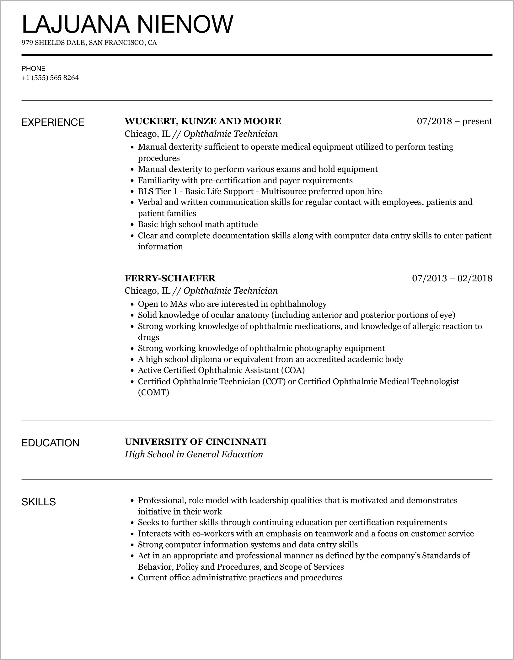 Sample Resumes For Optometric Assistants