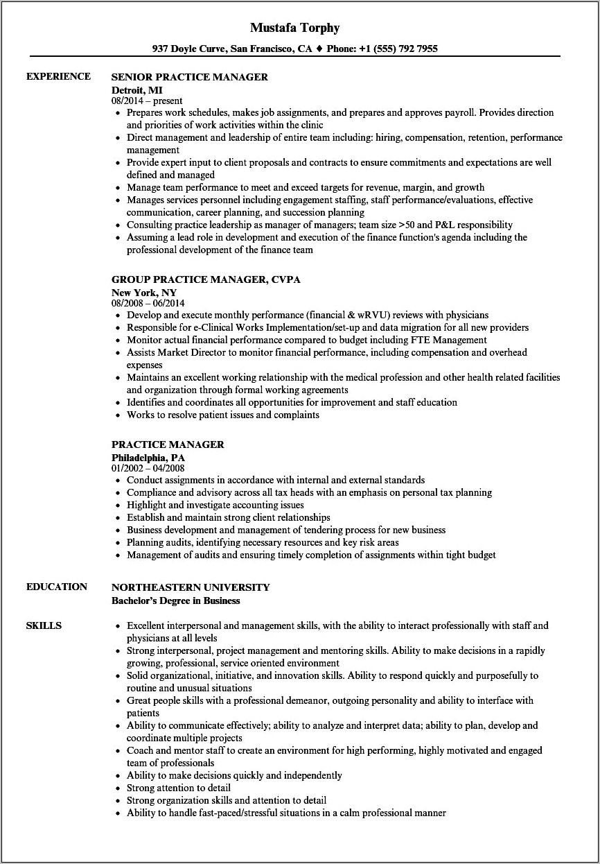 Sample Resumes For Practice Managers