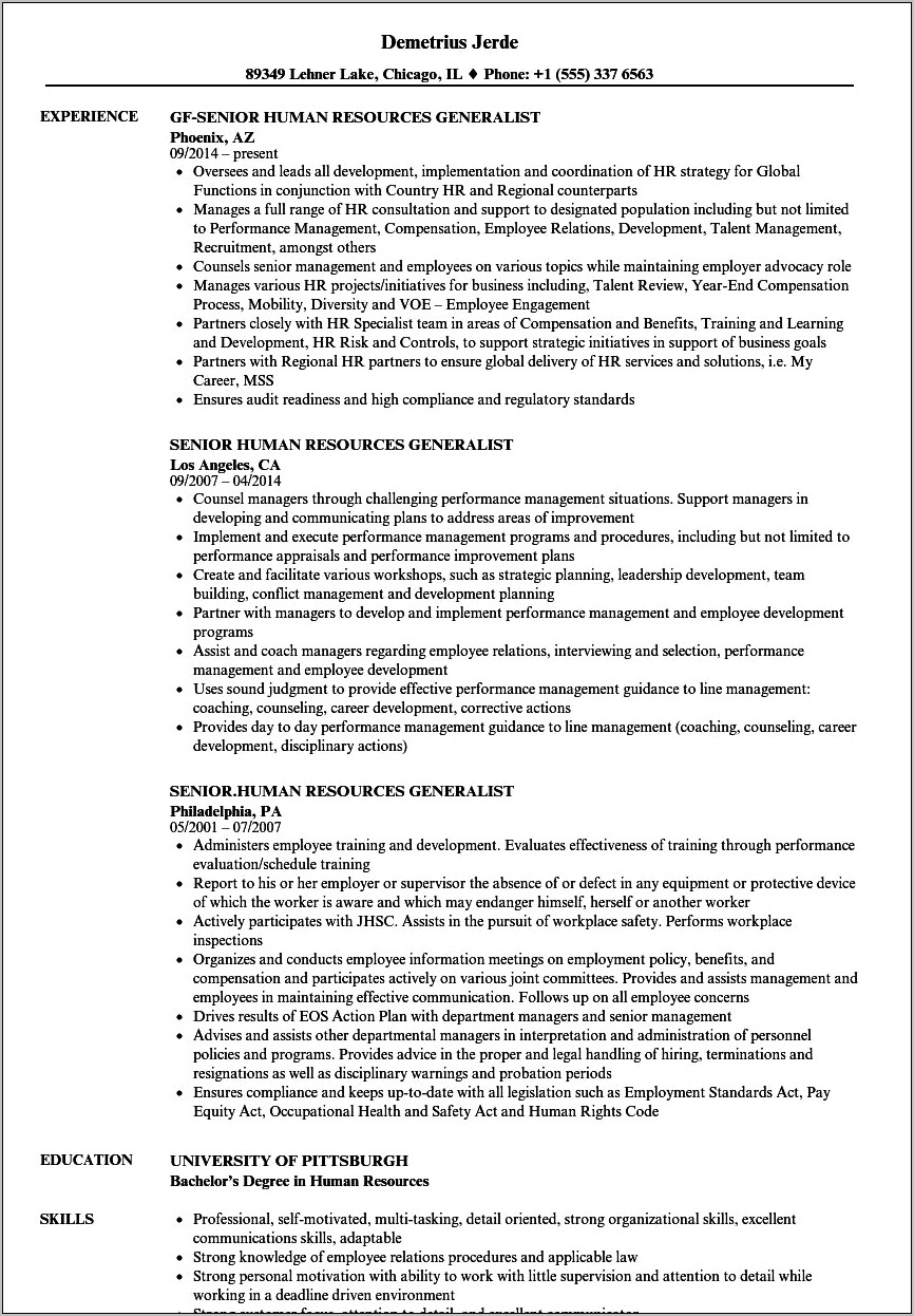 Sample Resumes Hr Generalist Profile