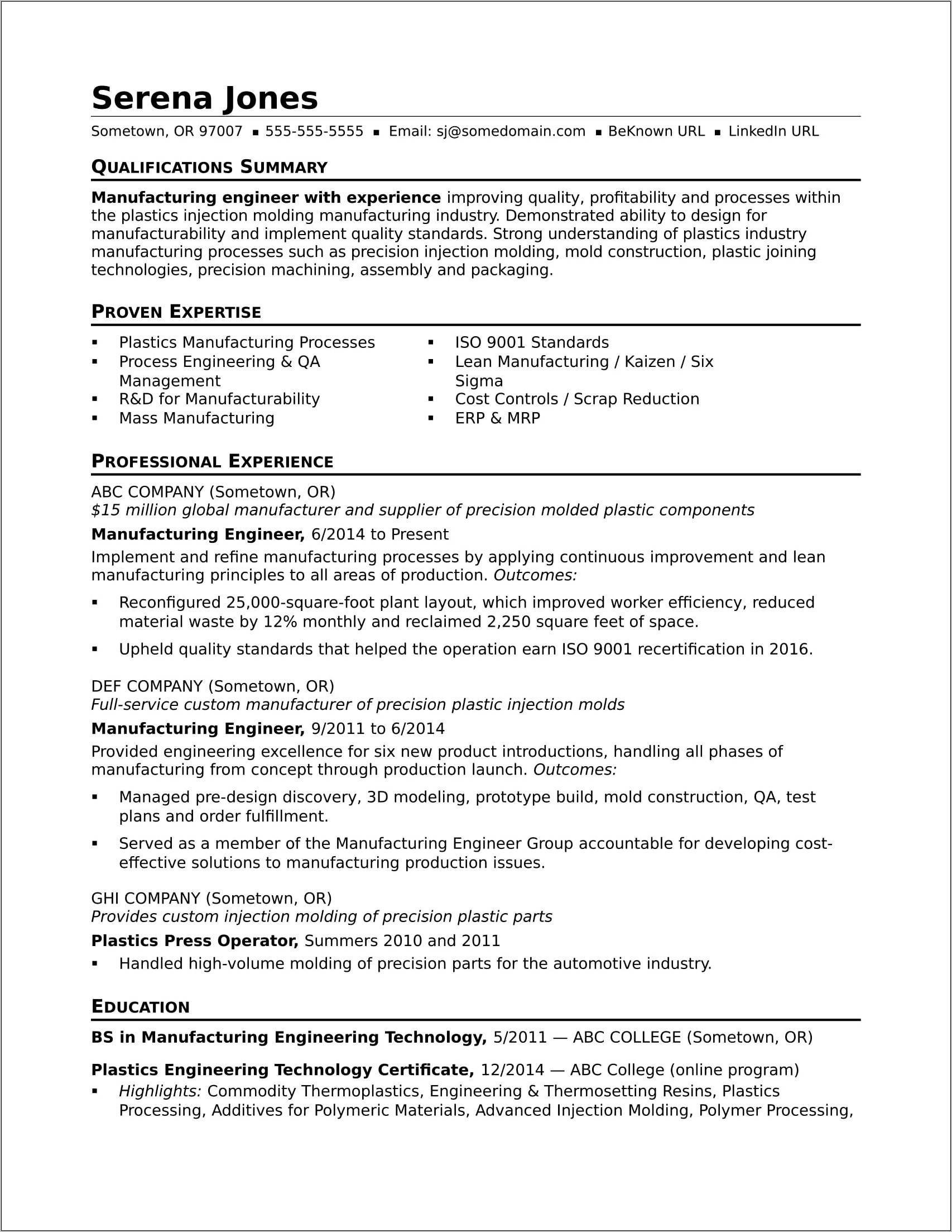 Sample Resumes Of Production Companies