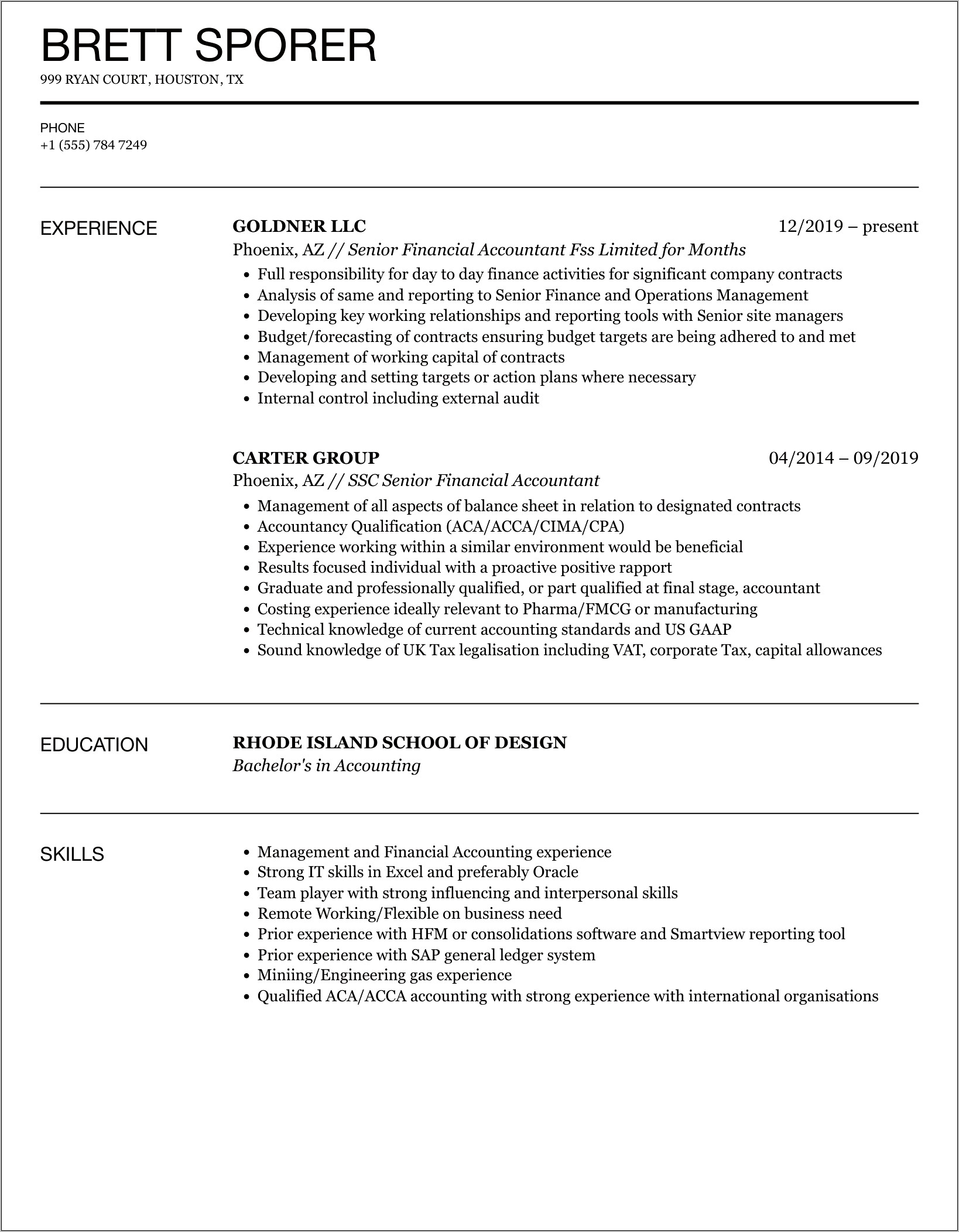 Sample Senior Accountant Resume Example