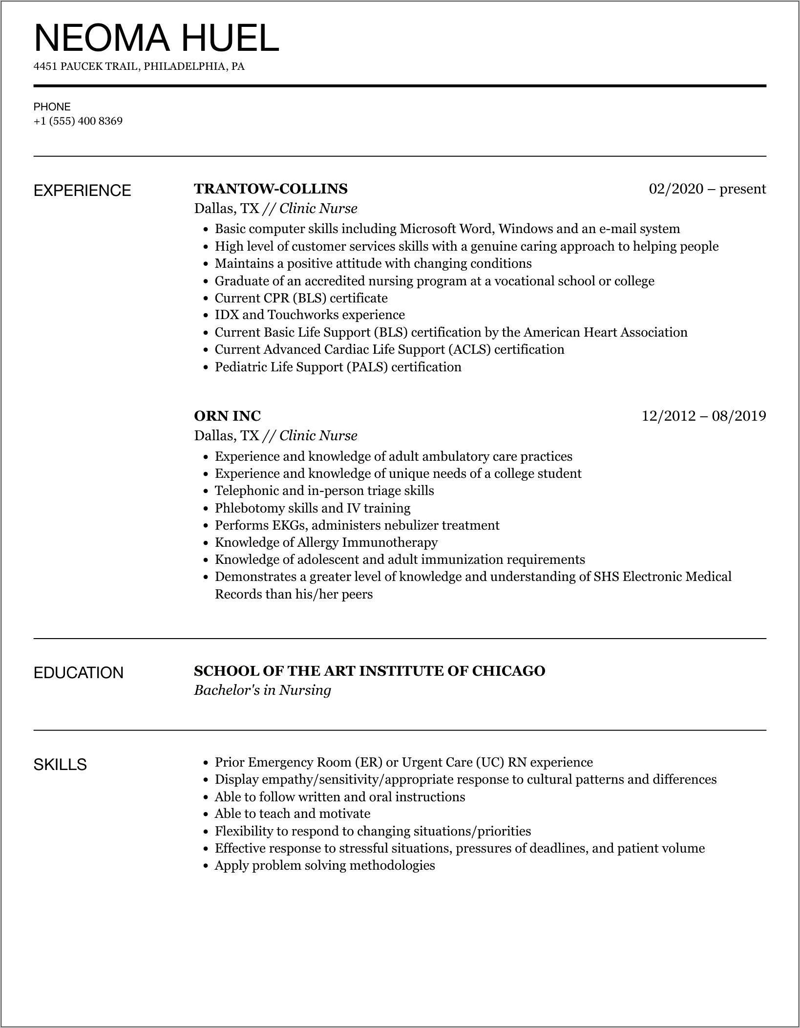 Sample Skills For Nursing Resume