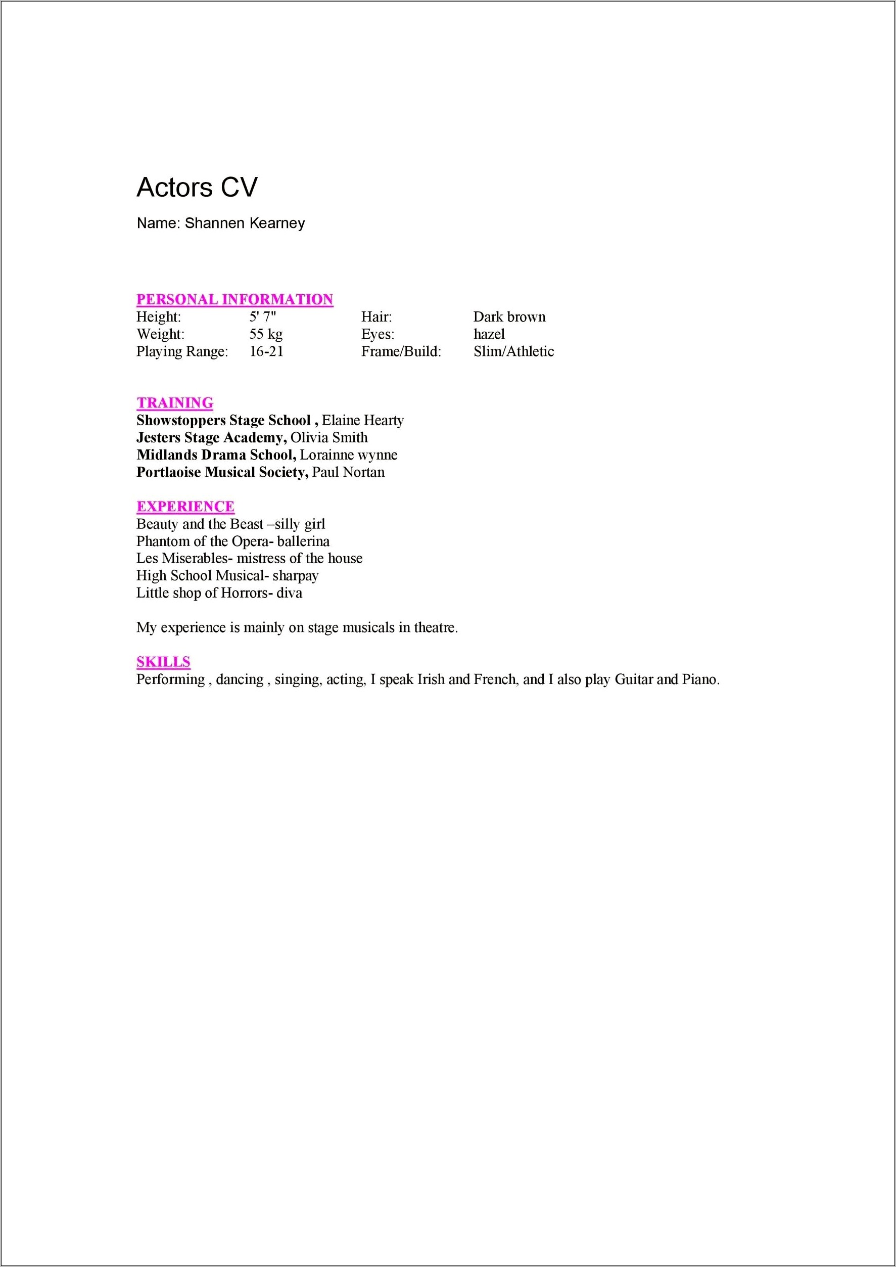 Sample Skills On Actor Resume