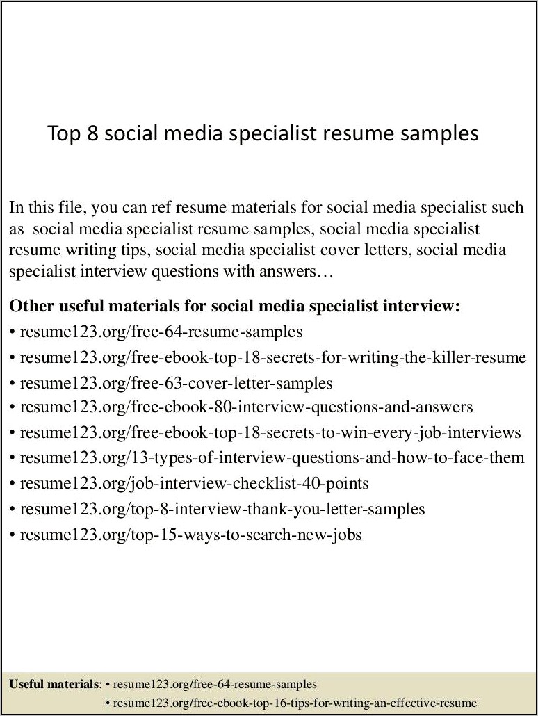 Sample Social Media Specailist Resume