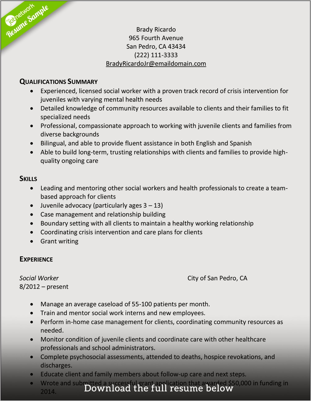 Sample Social Work Internship Resume