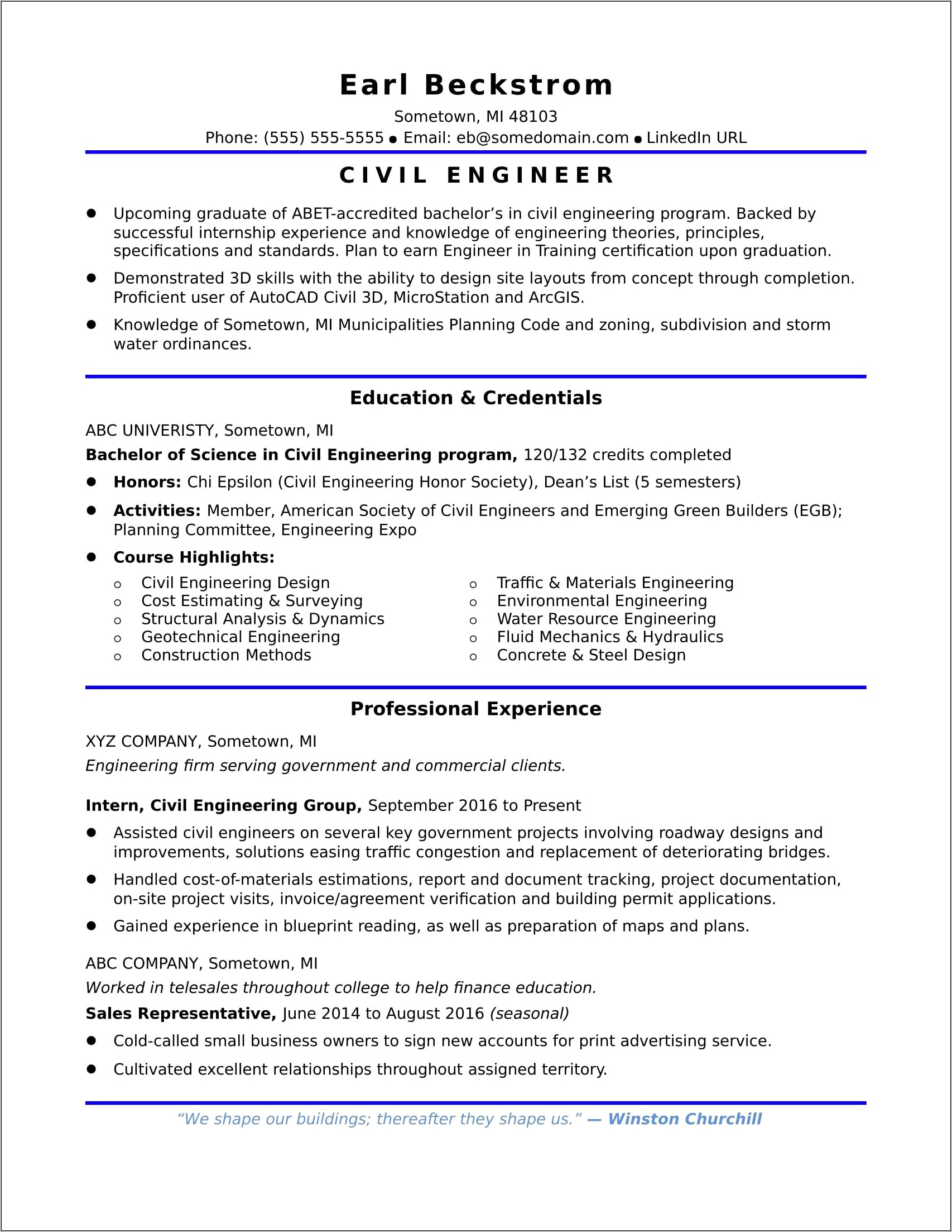 Sample Student Resume Civil Engineering