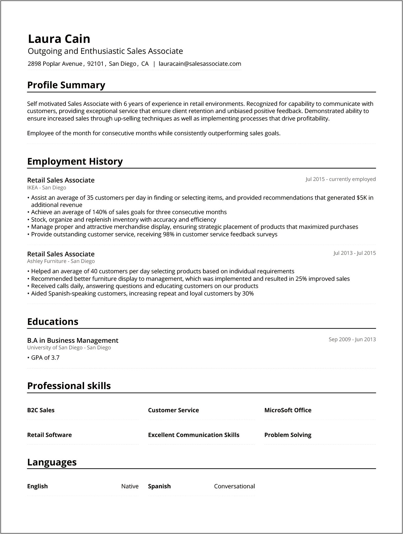 Sample Summary For Resume Retail