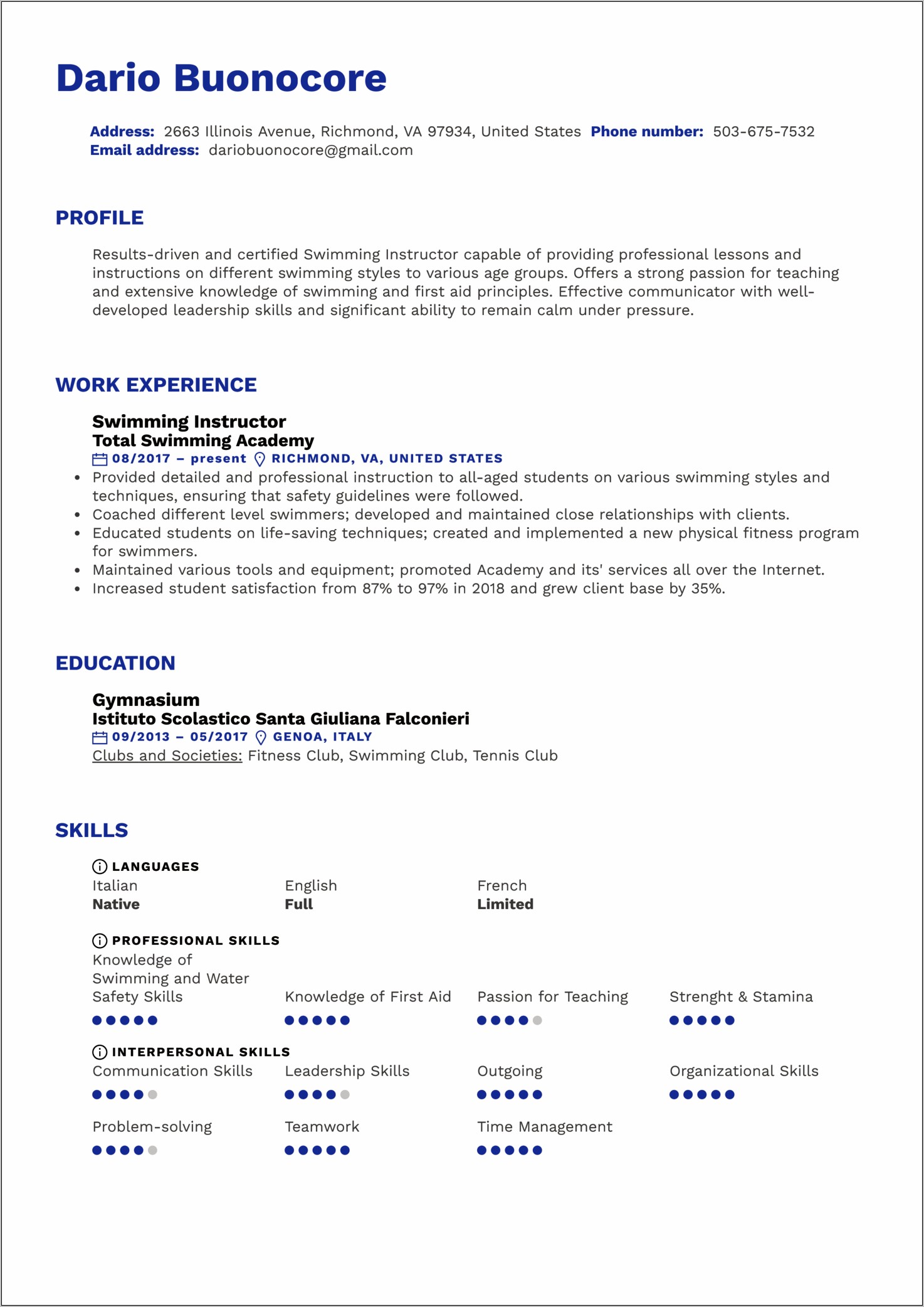 Sample Swimming Resume For College