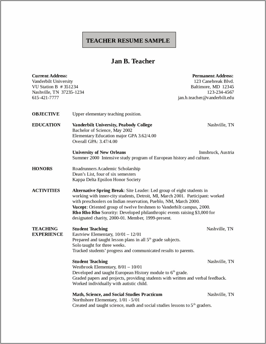 Sample Teacher Objectives For Resume