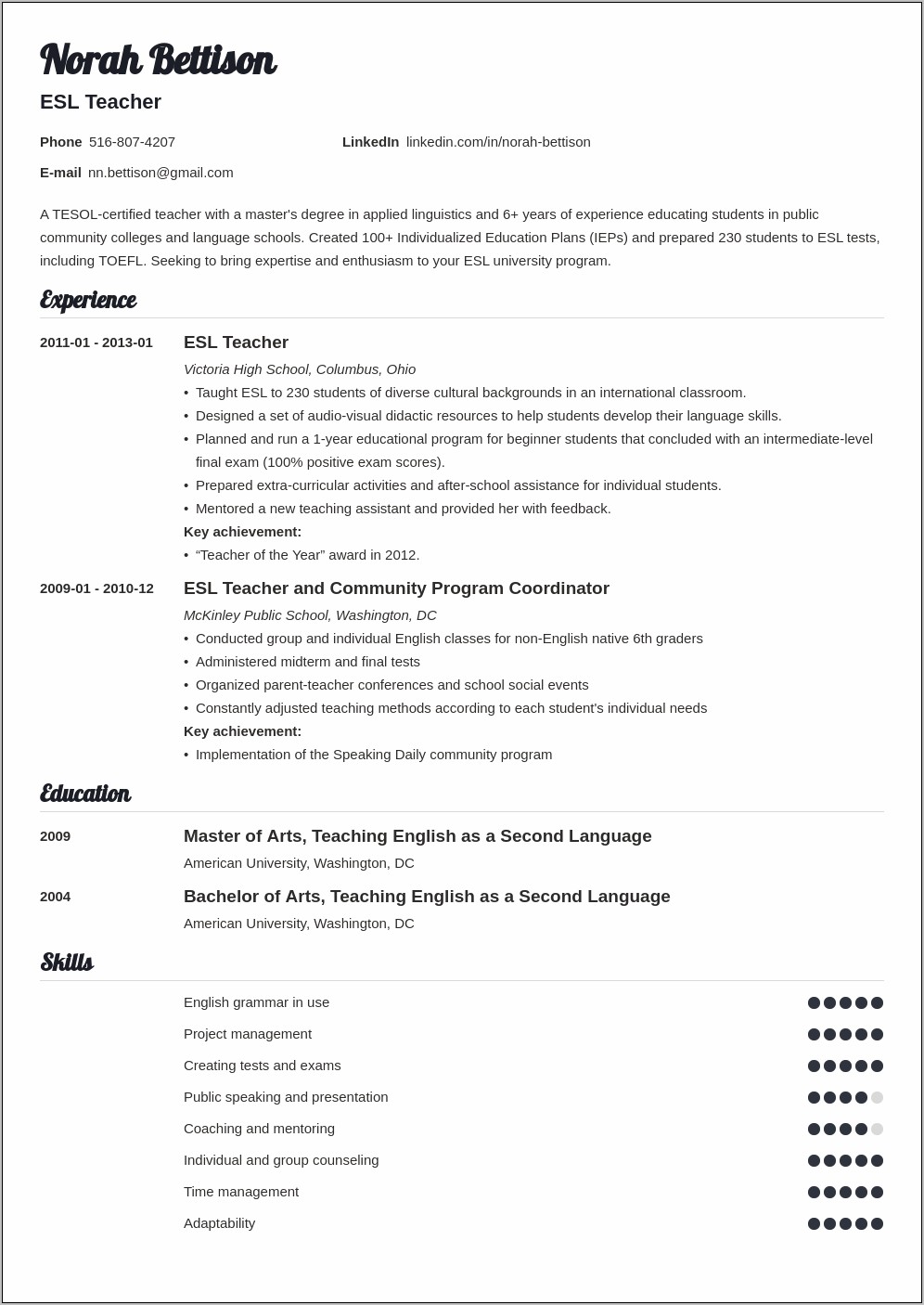 Sample Teaching Resume New Ell