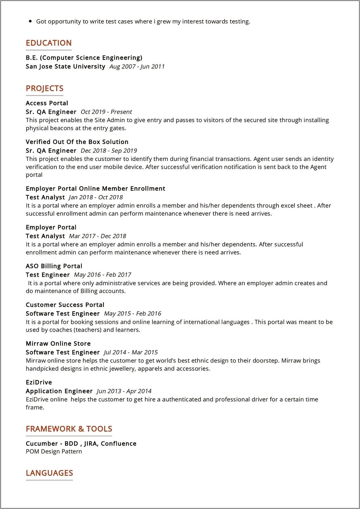 Sample Testing Resume Including Cmmi