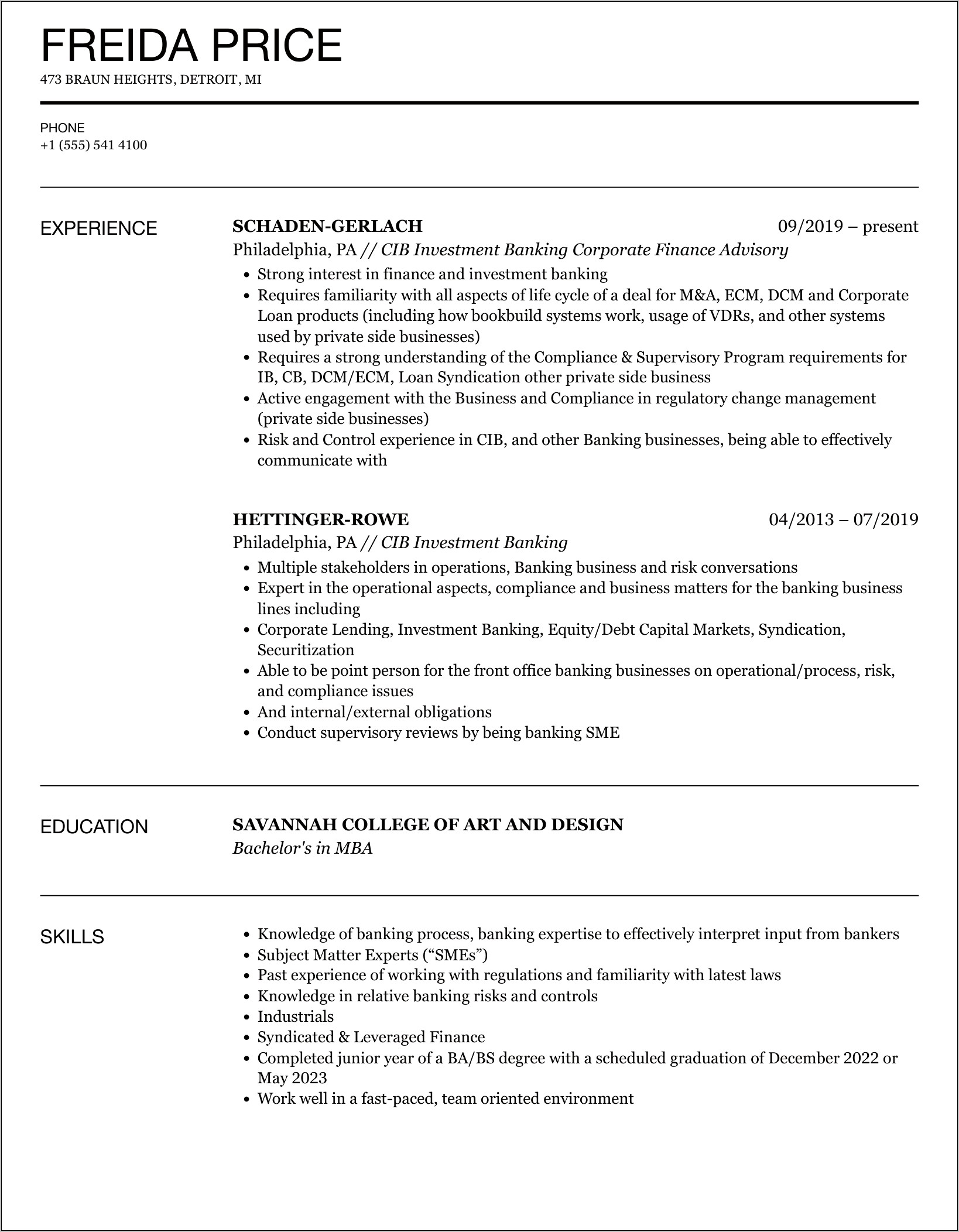 Sample Working Investment Banking Resume