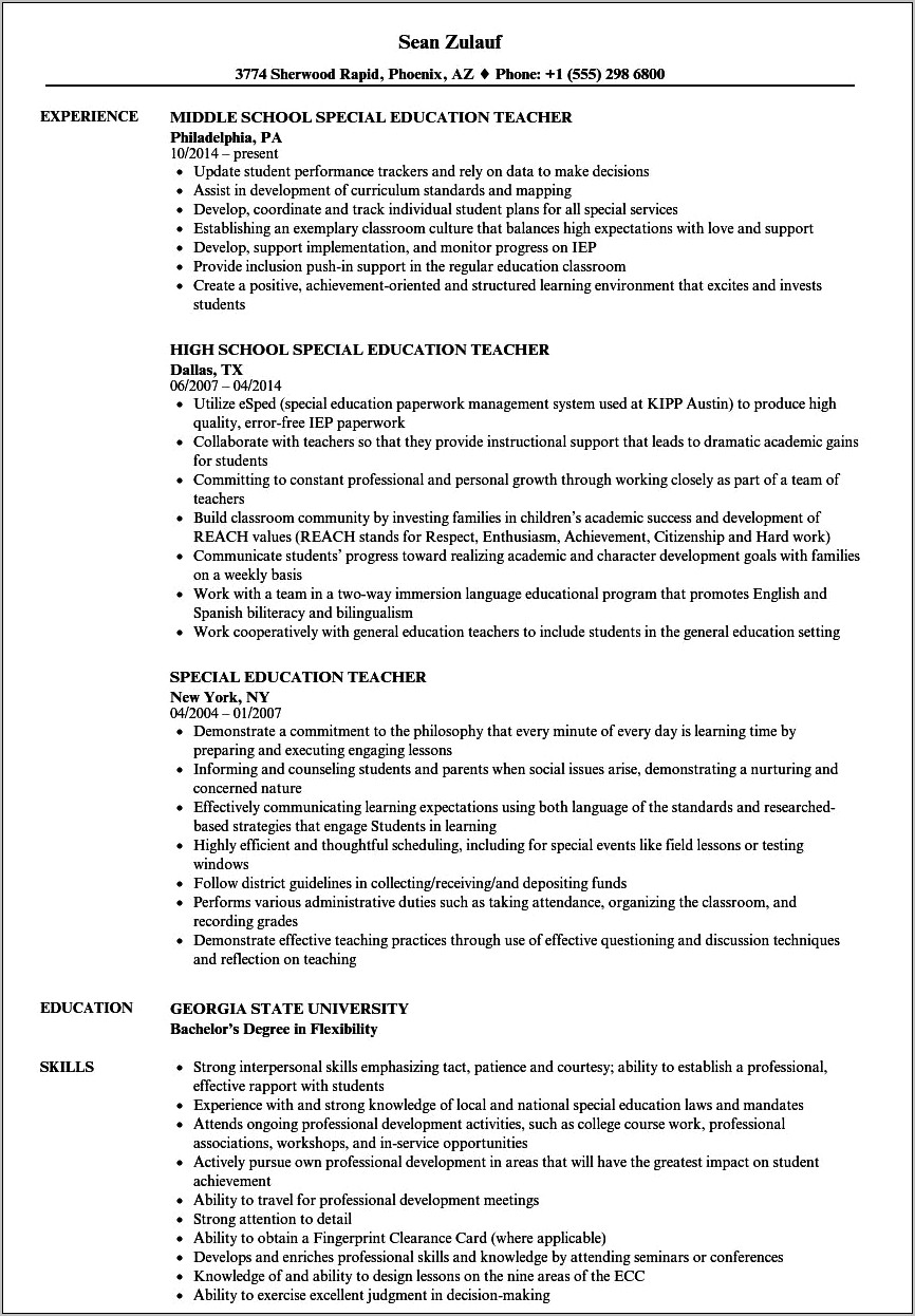 Samples Of Teacher Education Resumes