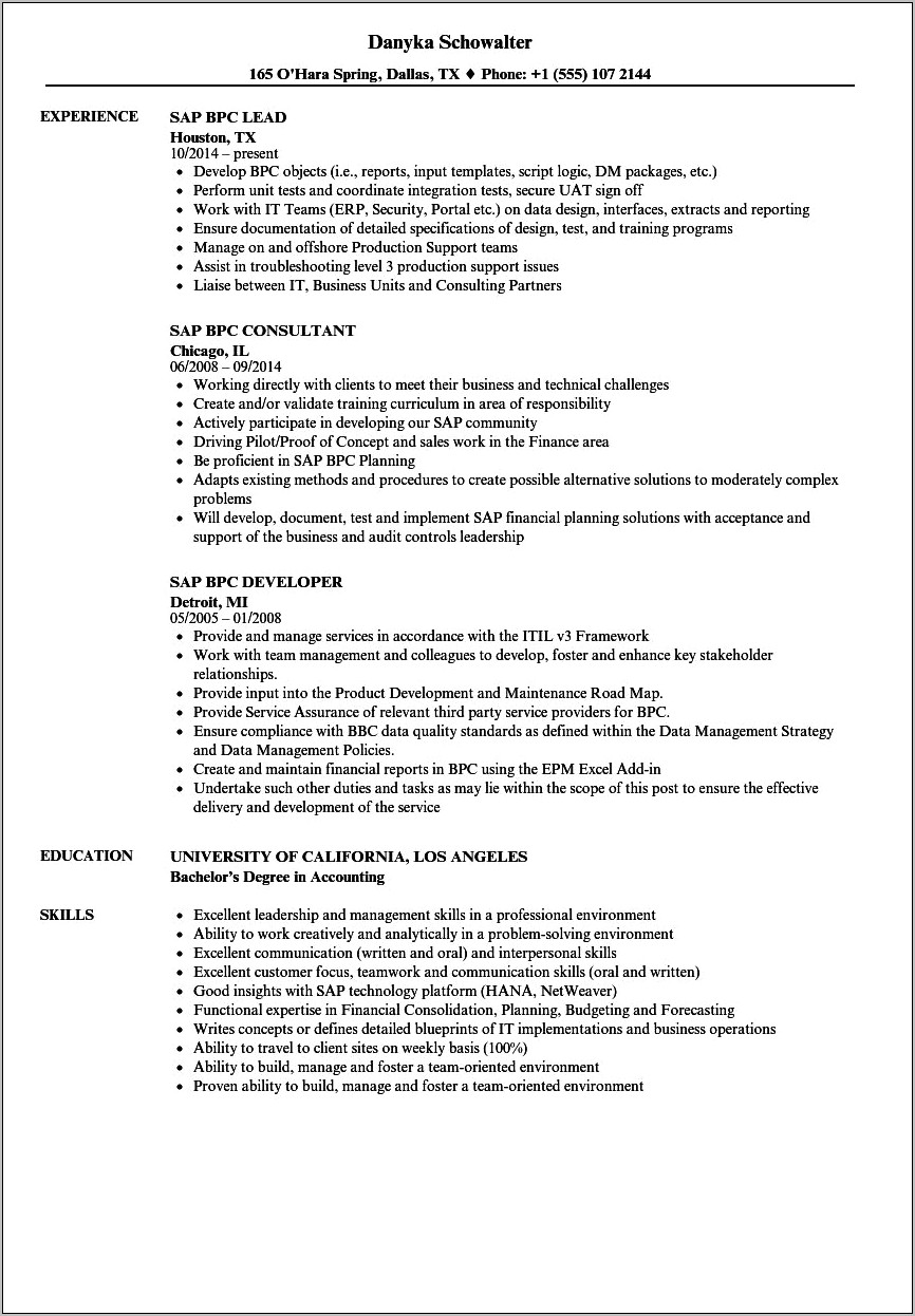 Sap Bpc Project Manager Resume