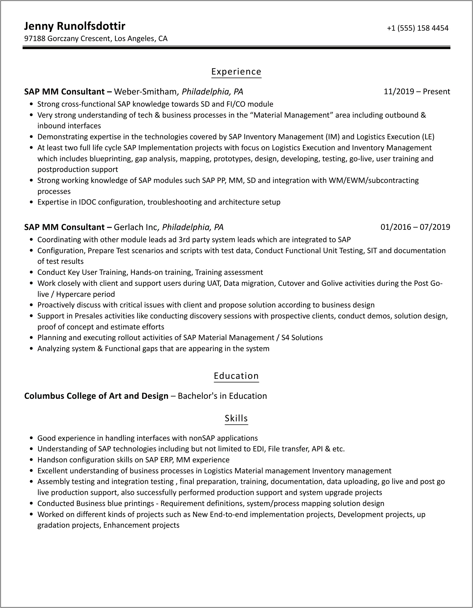 Sap Material Management Consultant Resume