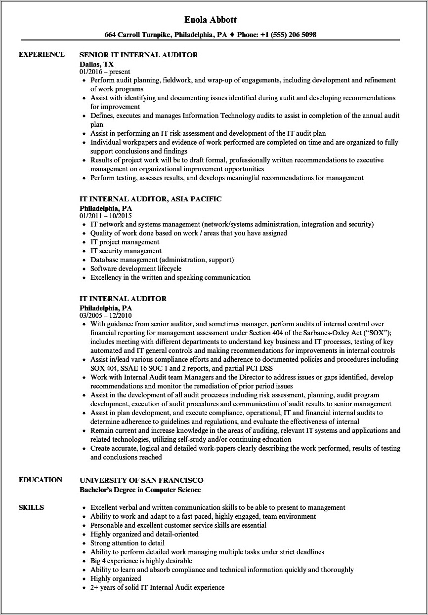 Sarbanes Oxley Auditor Resume Example