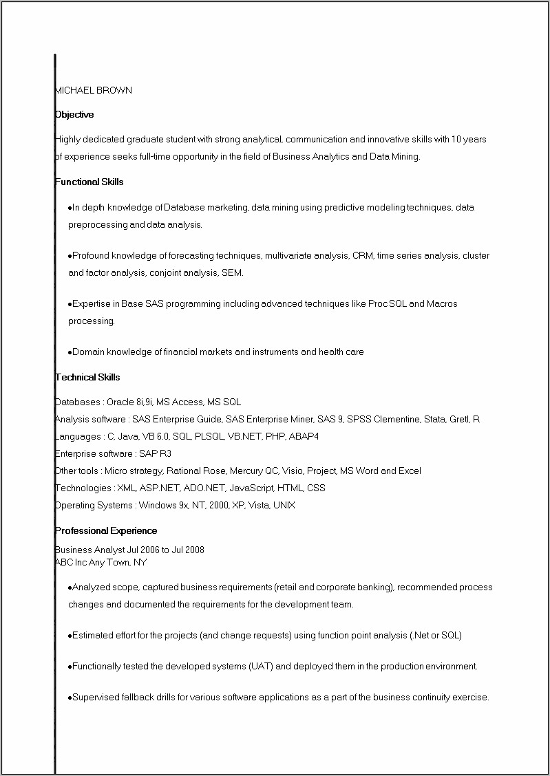 Sas Sample Resume Banking Domain