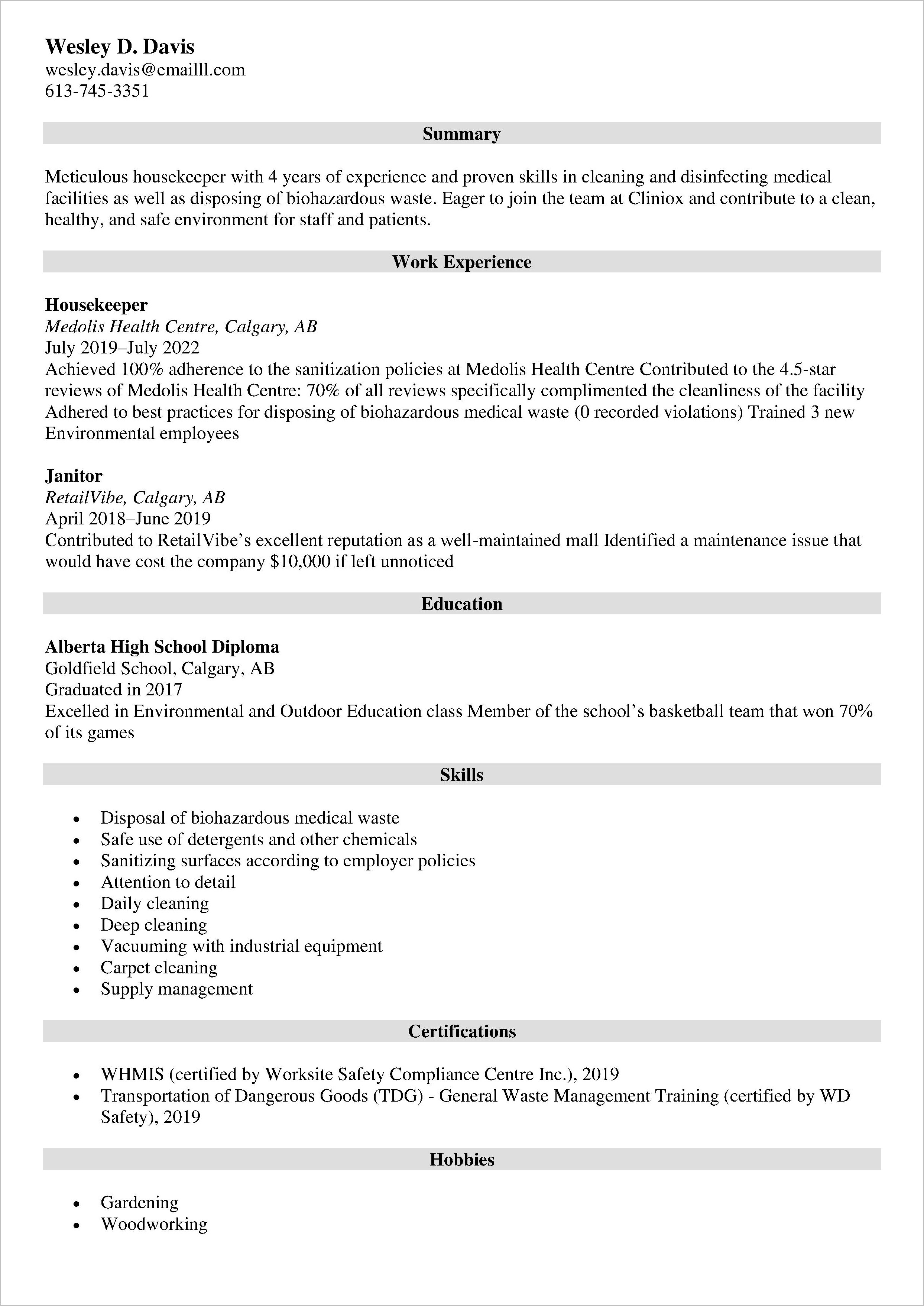 School Cleaner Job Description Resume