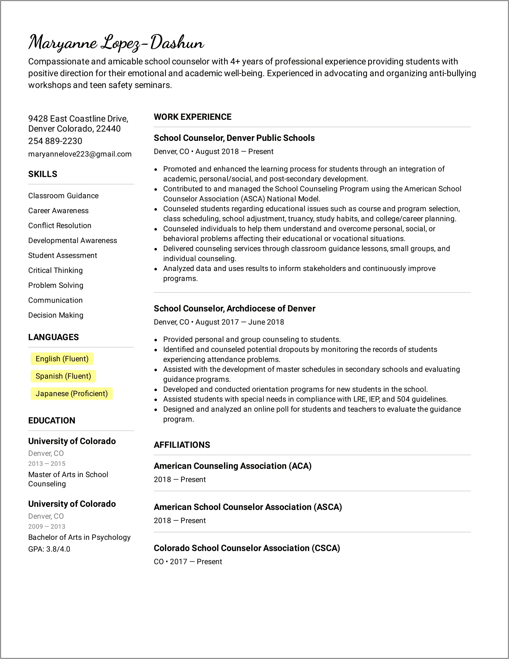 School Counselor Job Description Resume