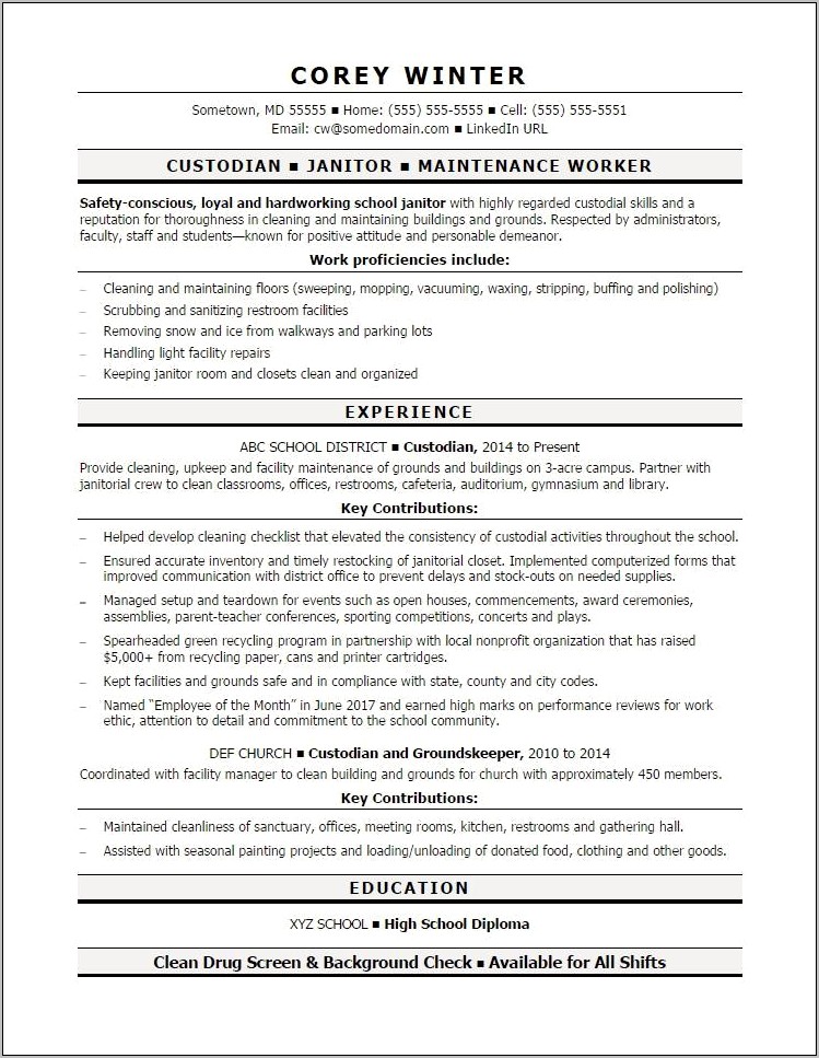 School Custodian Job Description Resume