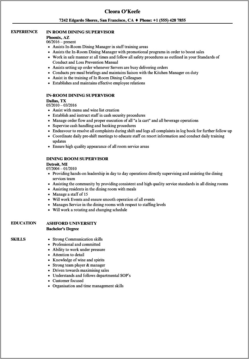 School Lunchroom Supervisor Sample Resume