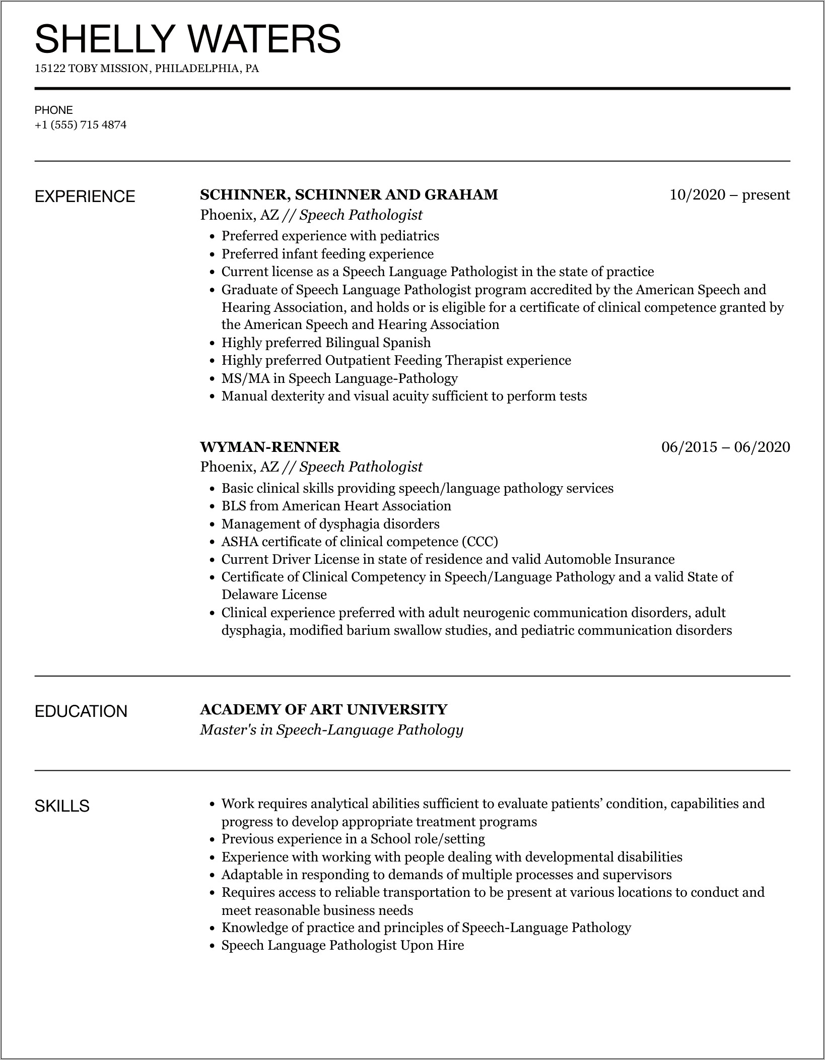 School Speech Therapist Resume Sample