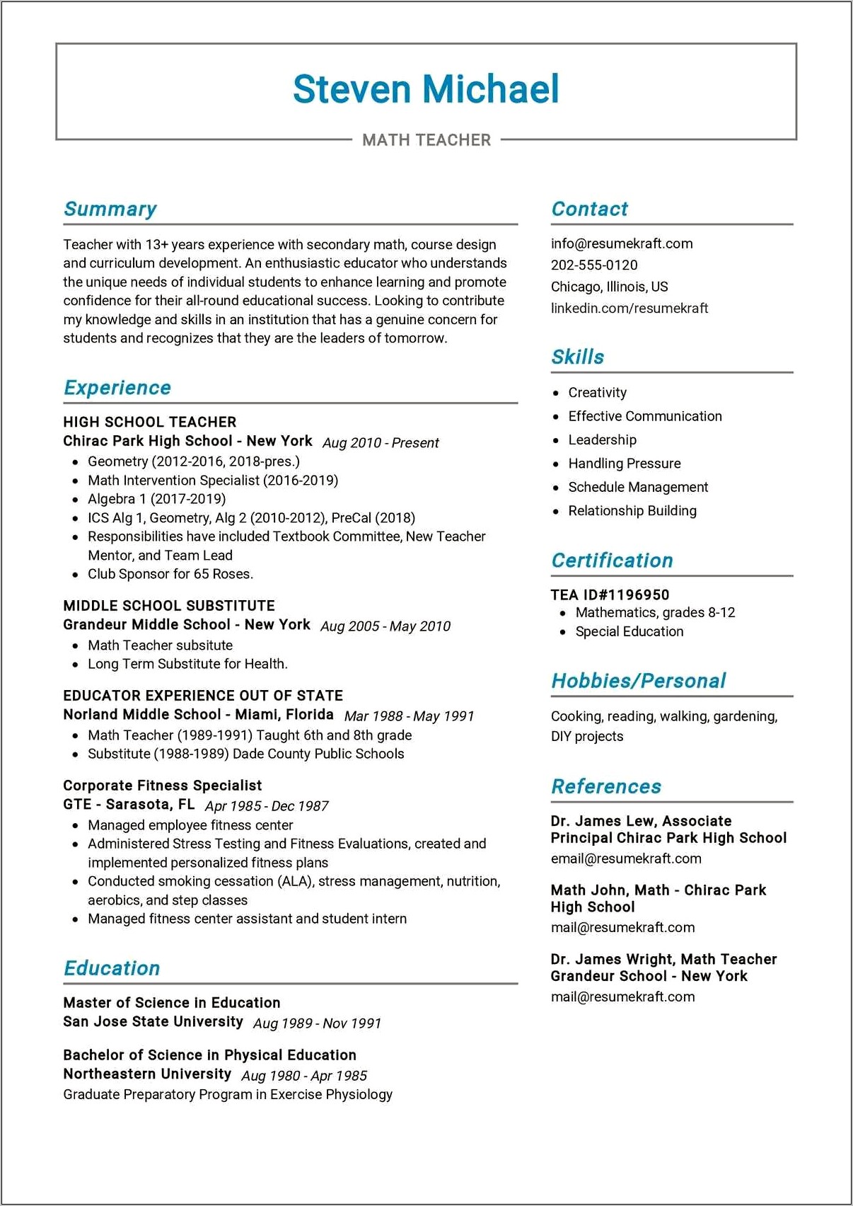 School Teacher Resume Sample Pdf