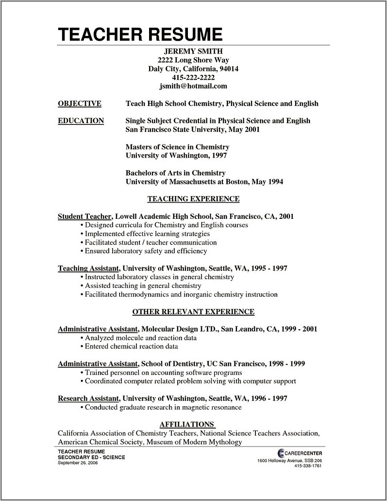 Scinece Teacher Objective On Resume