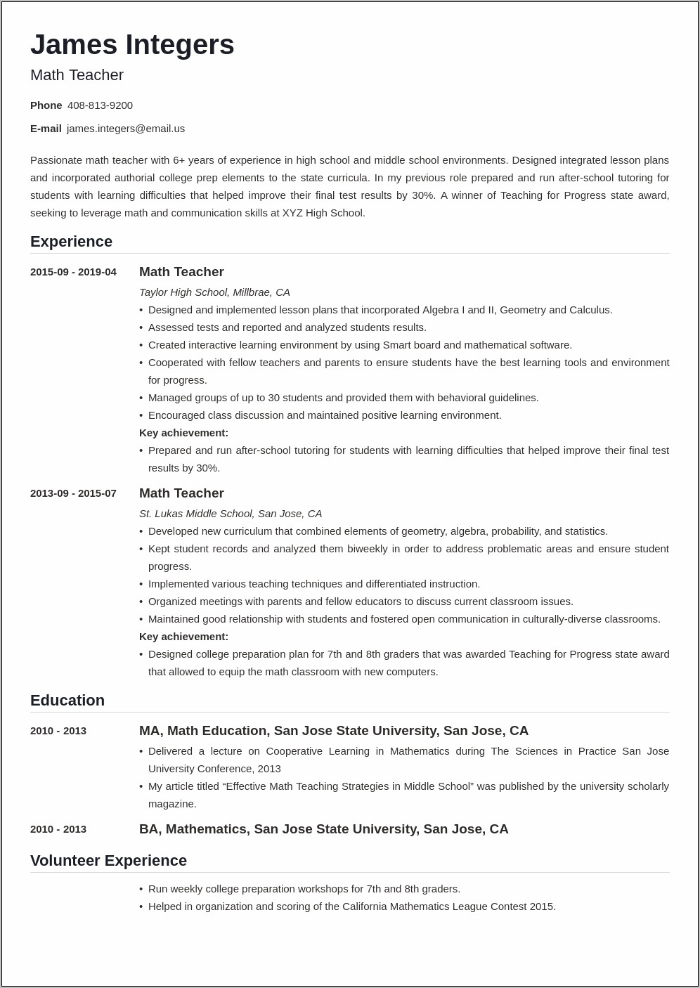 Secondary Math Teacher Resume Examples