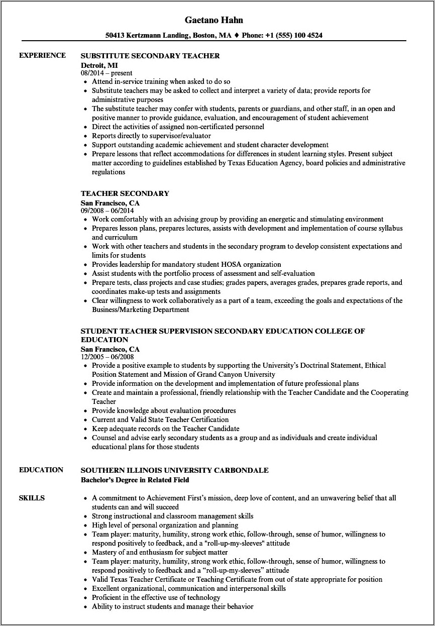 Secondary School Teacher Resume Examples