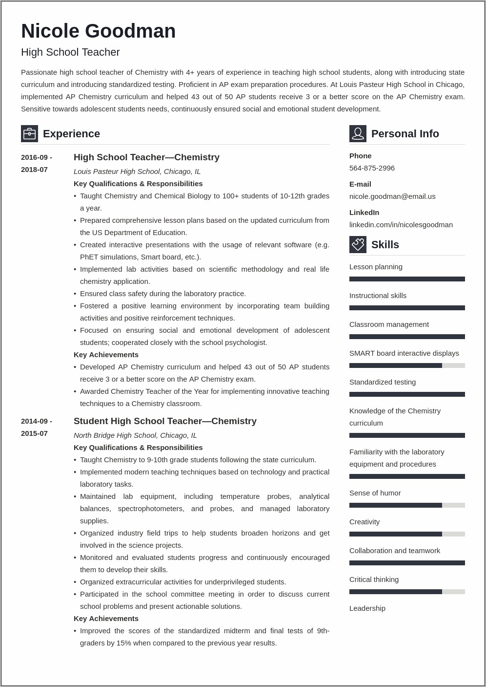 Secondary Teacher Resume Examples 2018