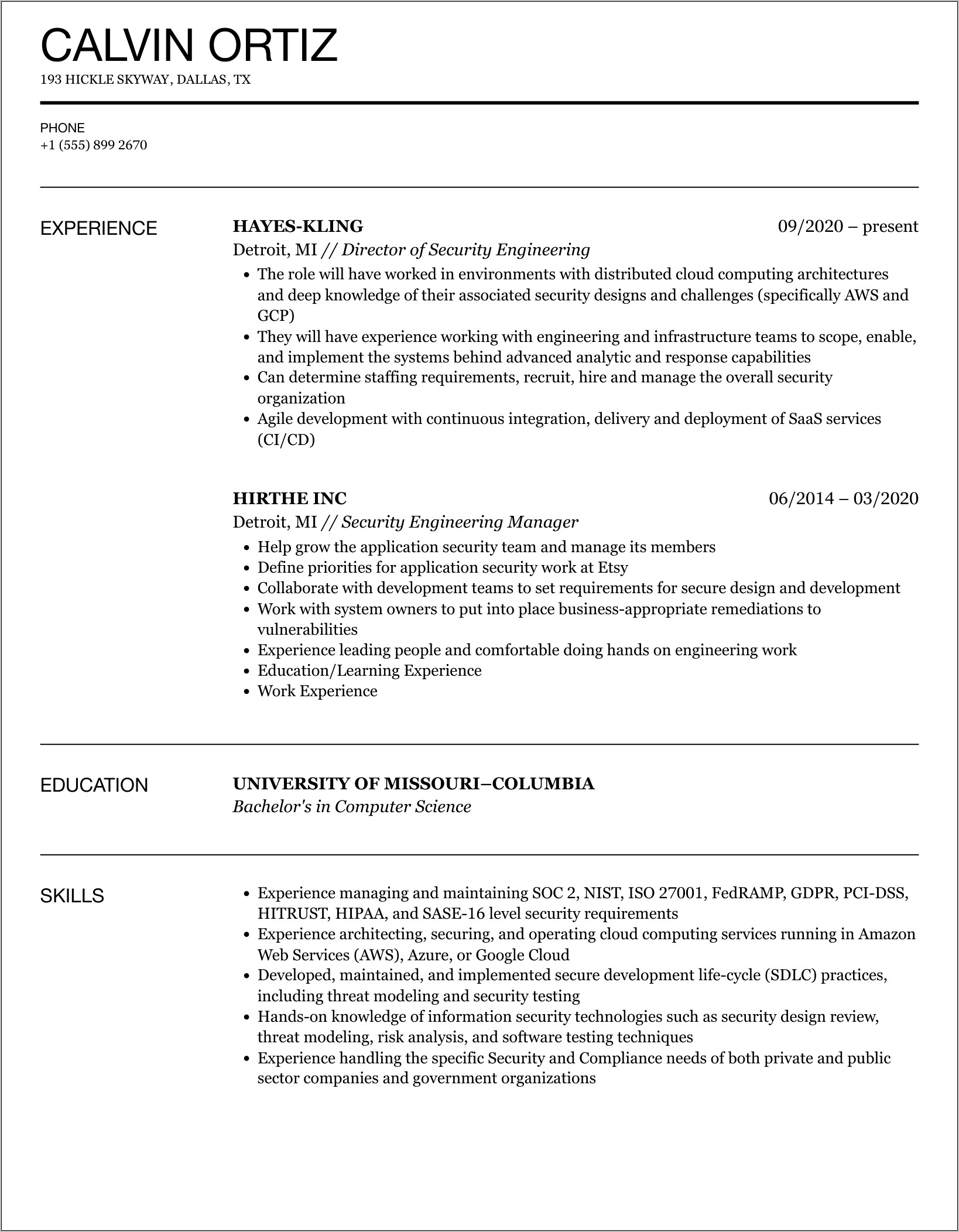 Security Engineer Manager Resume Example