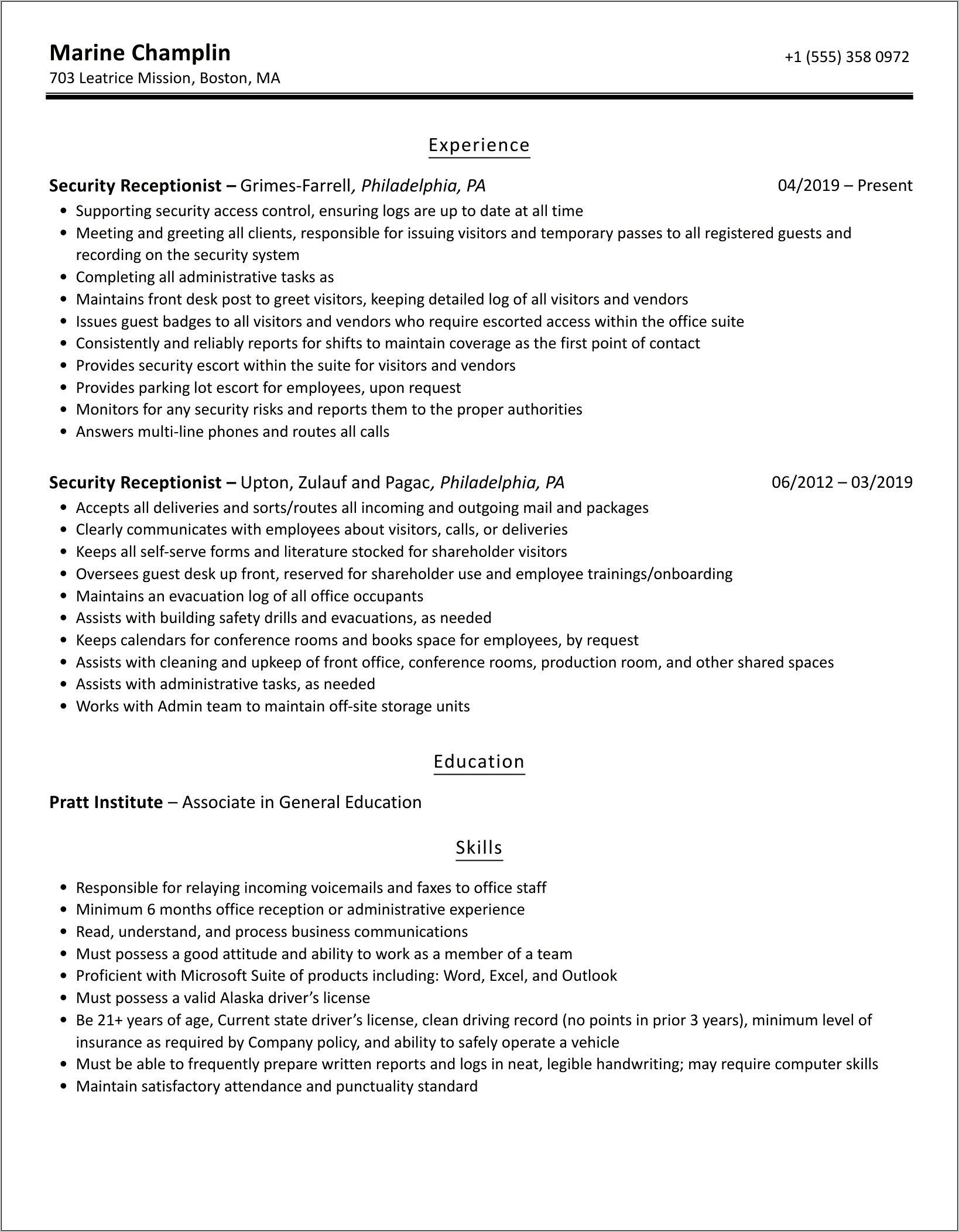 Security Receptionist Job Resume Sample