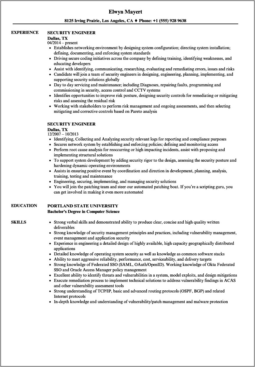 Security Systems Engineer Sample Resume