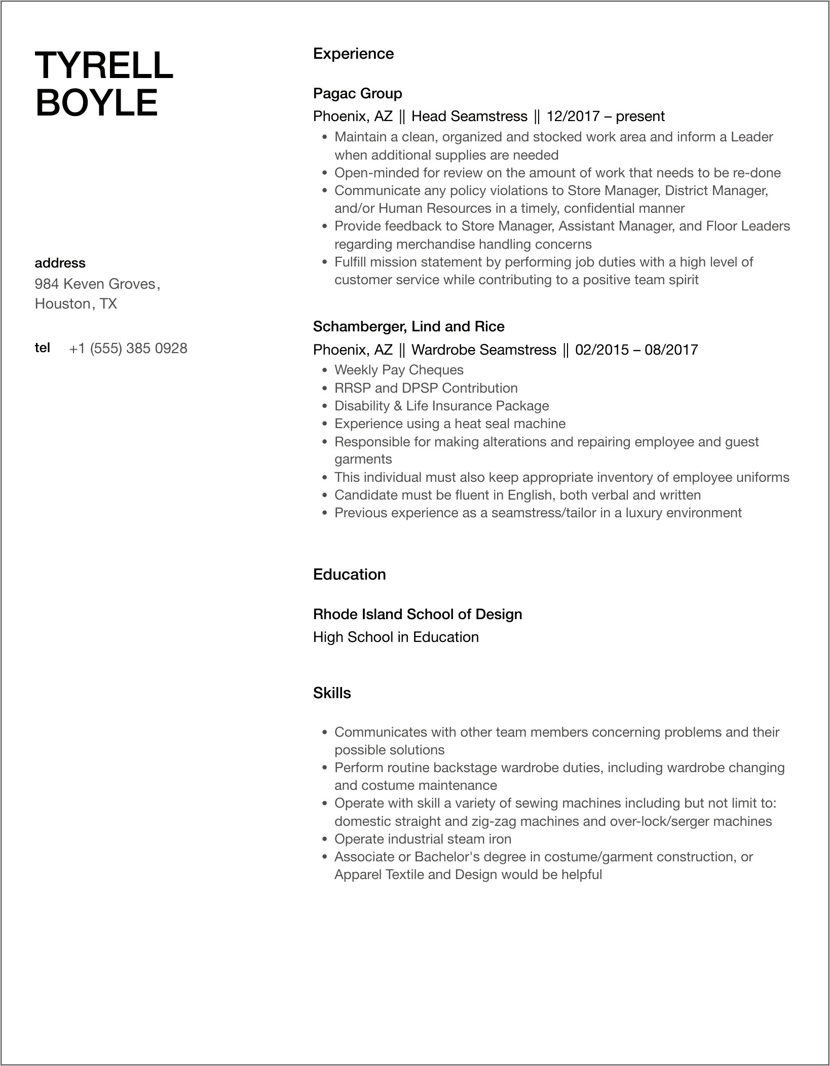 Seemstress Job Description For Resume