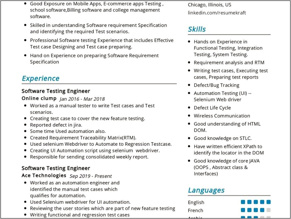 Selenium Automation Tester Sample Resume